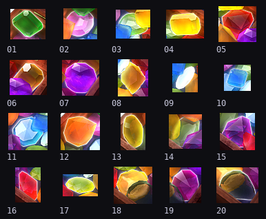 grid of all twenty gem highlight sprites