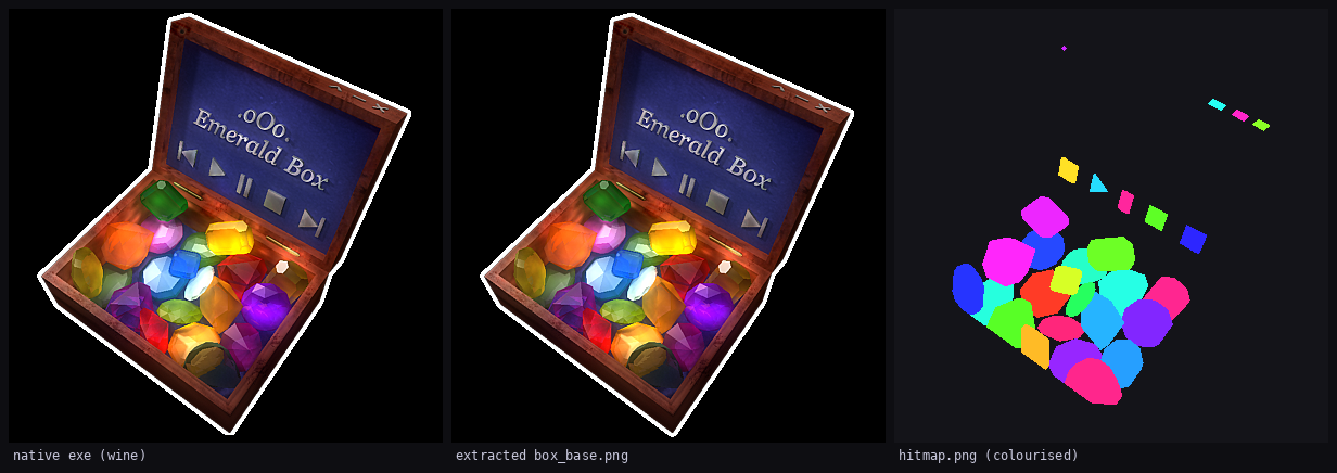 native exe vs extracted base image vs colourised hitmap